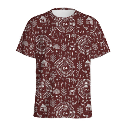 Red And White Warli Tribal Print Men's Sports T-Shirt