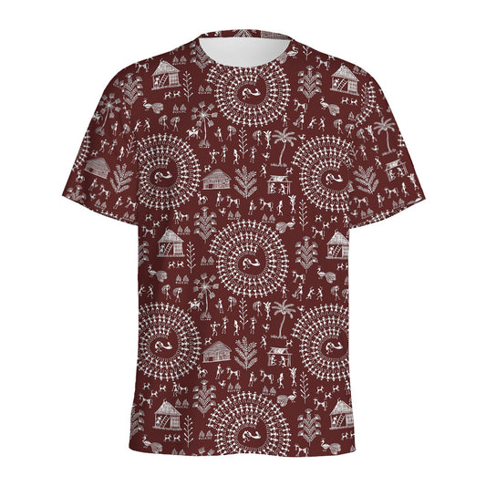 Red And White Warli Tribal Print Men's Sports T-Shirt