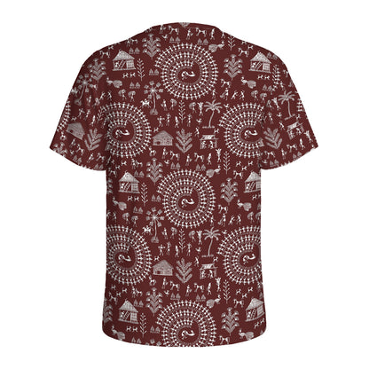Red And White Warli Tribal Print Men's Sports T-Shirt