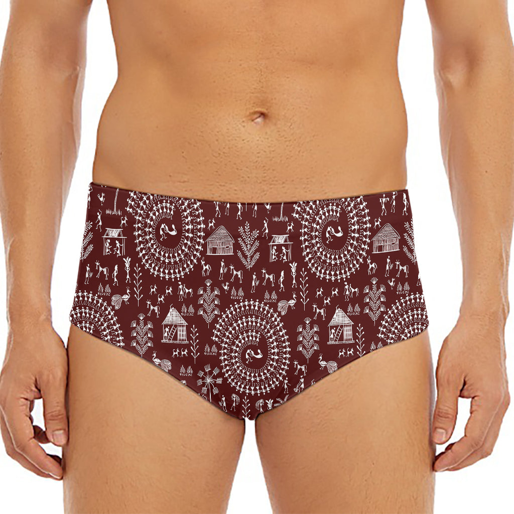 Red And White Warli Tribal Print Men's Triangle Swim Briefs