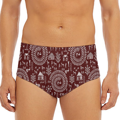 Red And White Warli Tribal Print Men's Triangle Swim Briefs
