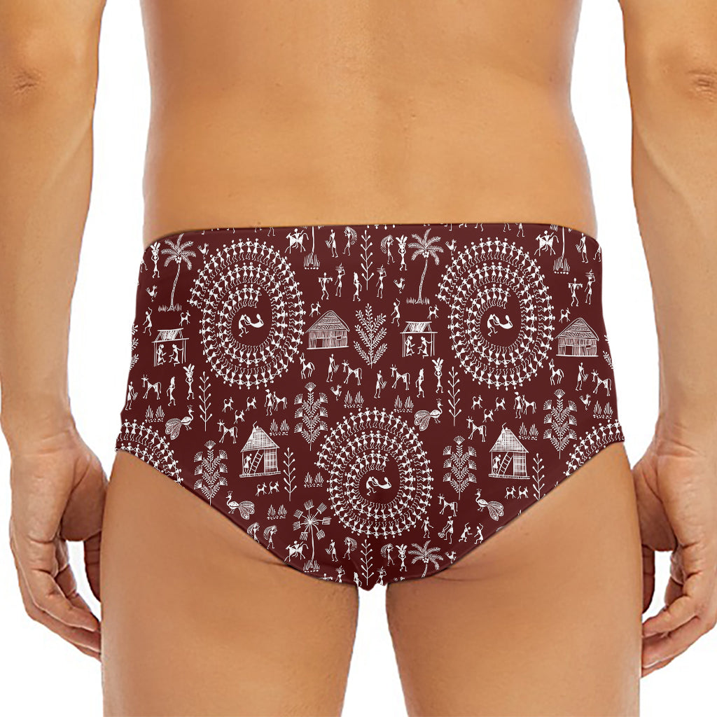 Red And White Warli Tribal Print Men's Triangle Swim Briefs