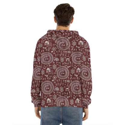Red And White Warli Tribal Print Men's Velvet Pullover Hoodie