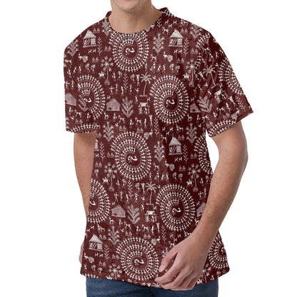 Red And White Warli Tribal Print Men's Velvet T-Shirt