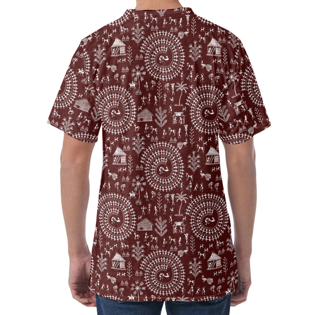 Red And White Warli Tribal Print Men's Velvet T-Shirt