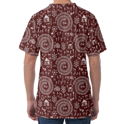 Red And White Warli Tribal Print Men's Velvet T-Shirt