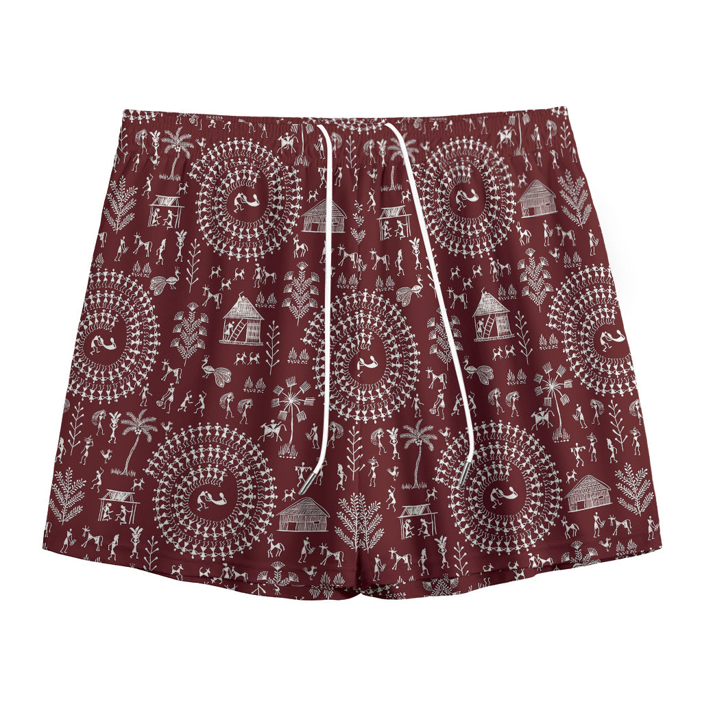 Red And White Warli Tribal Print Mesh Shorts