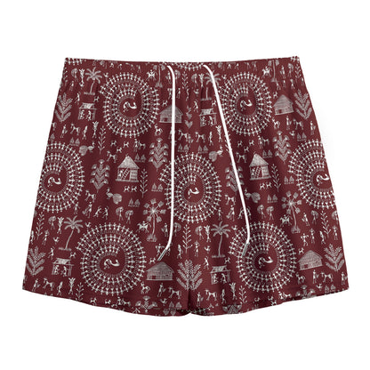 Red And White Warli Tribal Print Mesh Shorts