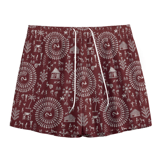 Red And White Warli Tribal Print Mesh Shorts