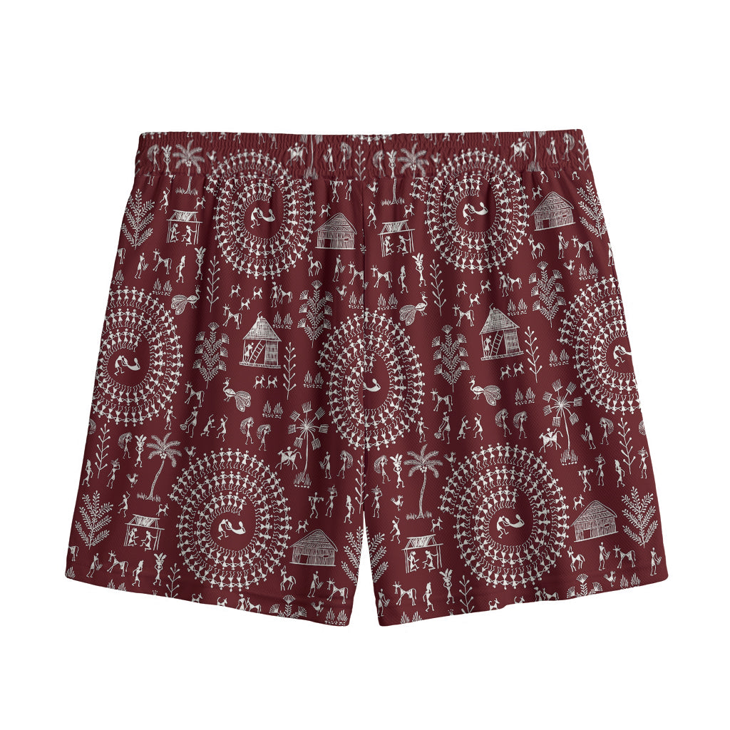 Red And White Warli Tribal Print Mesh Shorts