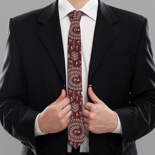 Red And White Warli Tribal Print Necktie