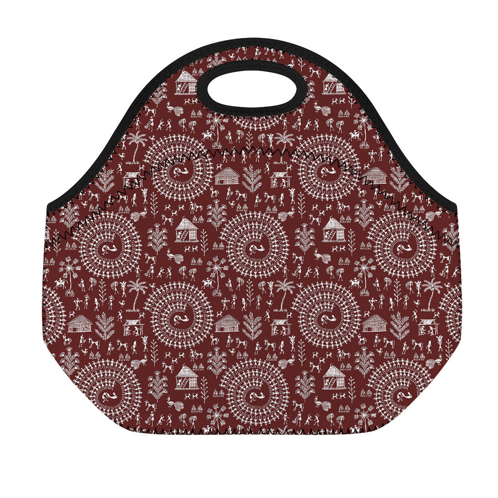 Red And White Warli Tribal Print Neoprene Lunch Bag