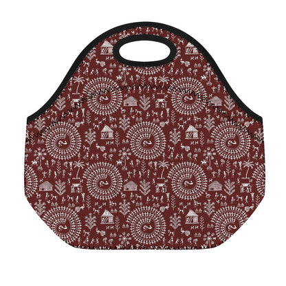 Red And White Warli Tribal Print Neoprene Lunch Bag