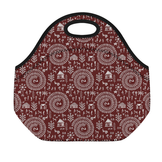 Red And White Warli Tribal Print Neoprene Lunch Bag