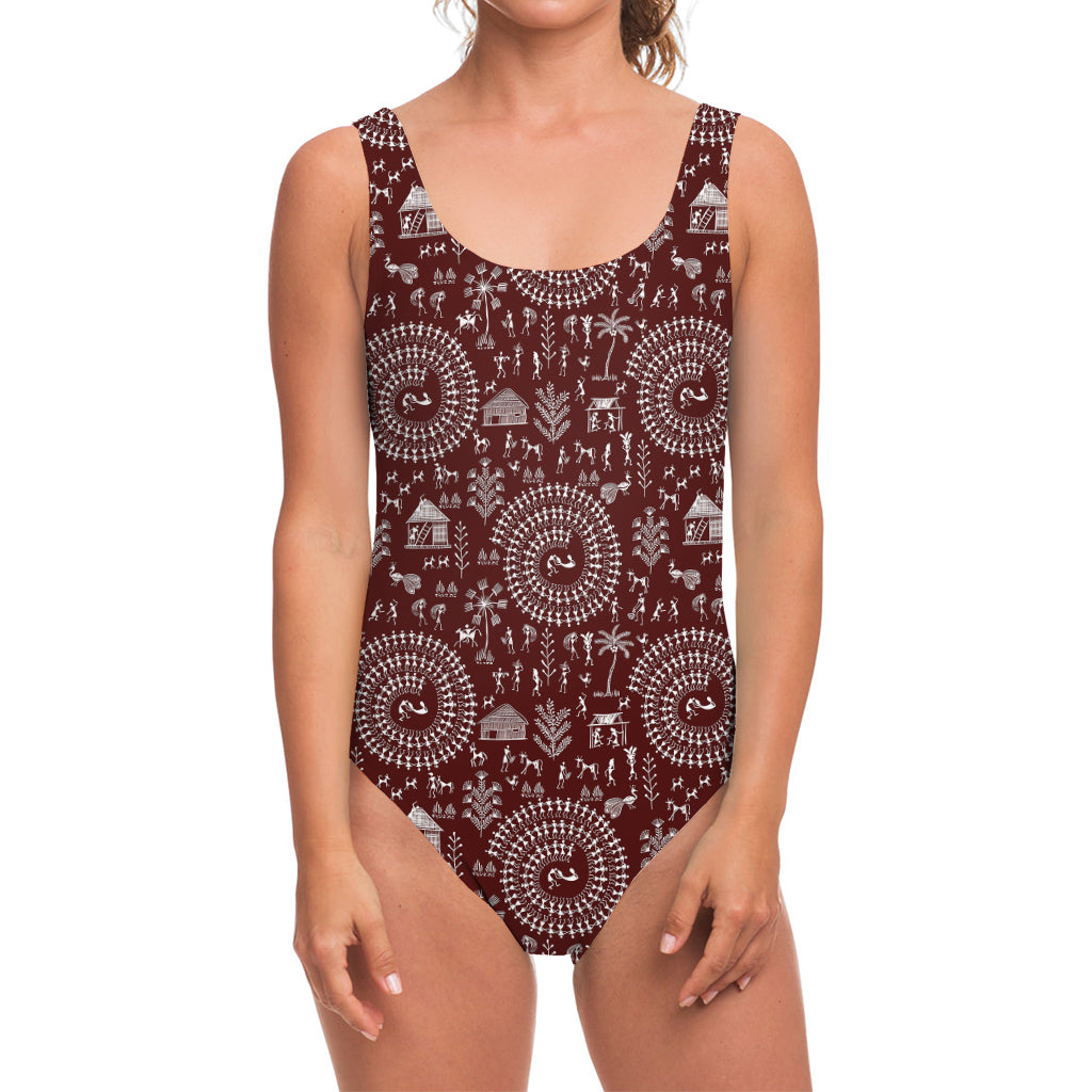 Red And White Warli Tribal Print One Piece Swimsuit