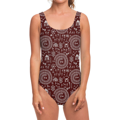 Red And White Warli Tribal Print One Piece Swimsuit