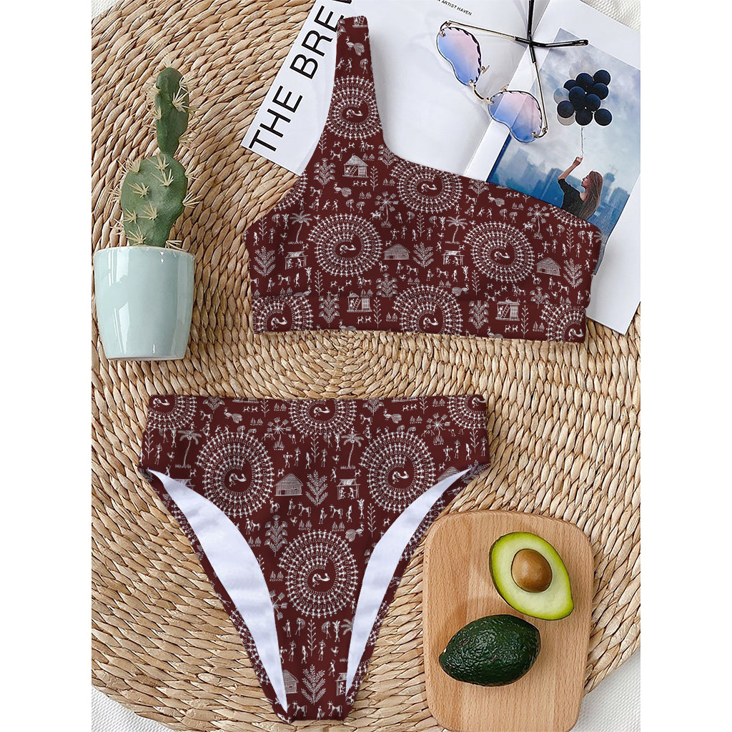 Red And White Warli Tribal Print One Shoulder Bikini Top