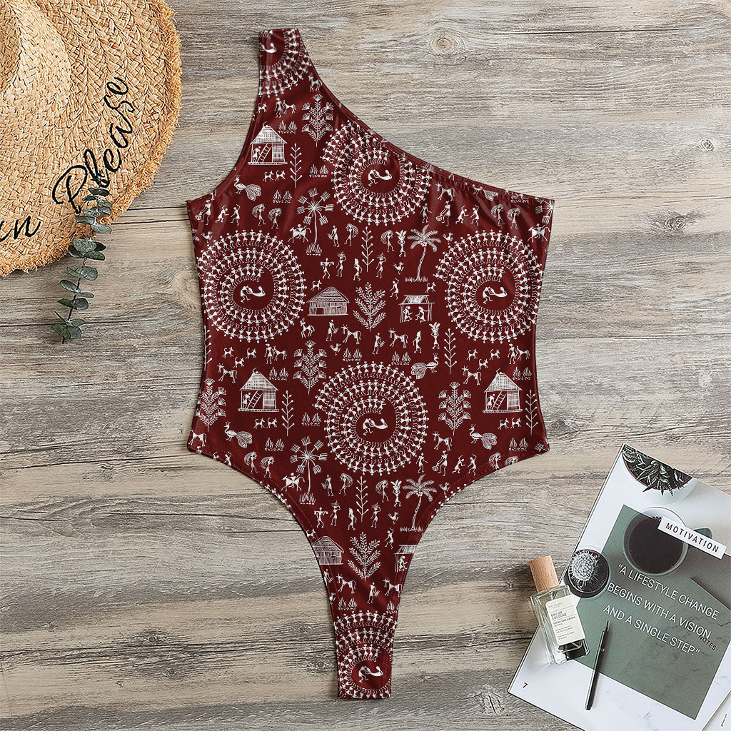 Red And White Warli Tribal Print One Shoulder Bodysuit