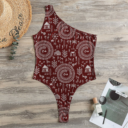 Red And White Warli Tribal Print One Shoulder Bodysuit
