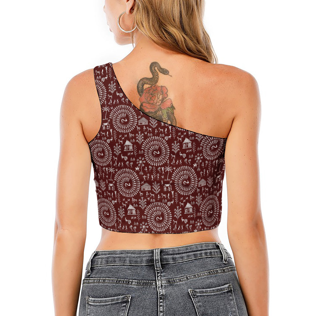 Red And White Warli Tribal Print One Shoulder Crop Top