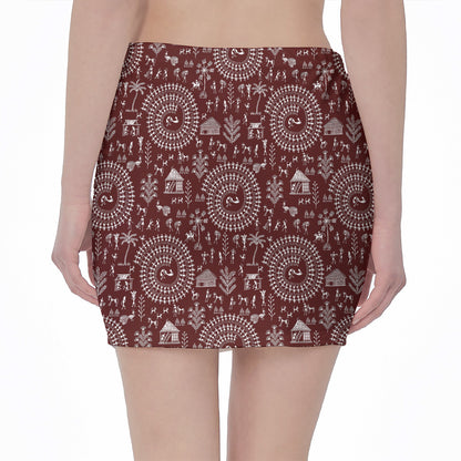Red And White Warli Tribal Print Pencil Mini Skirt