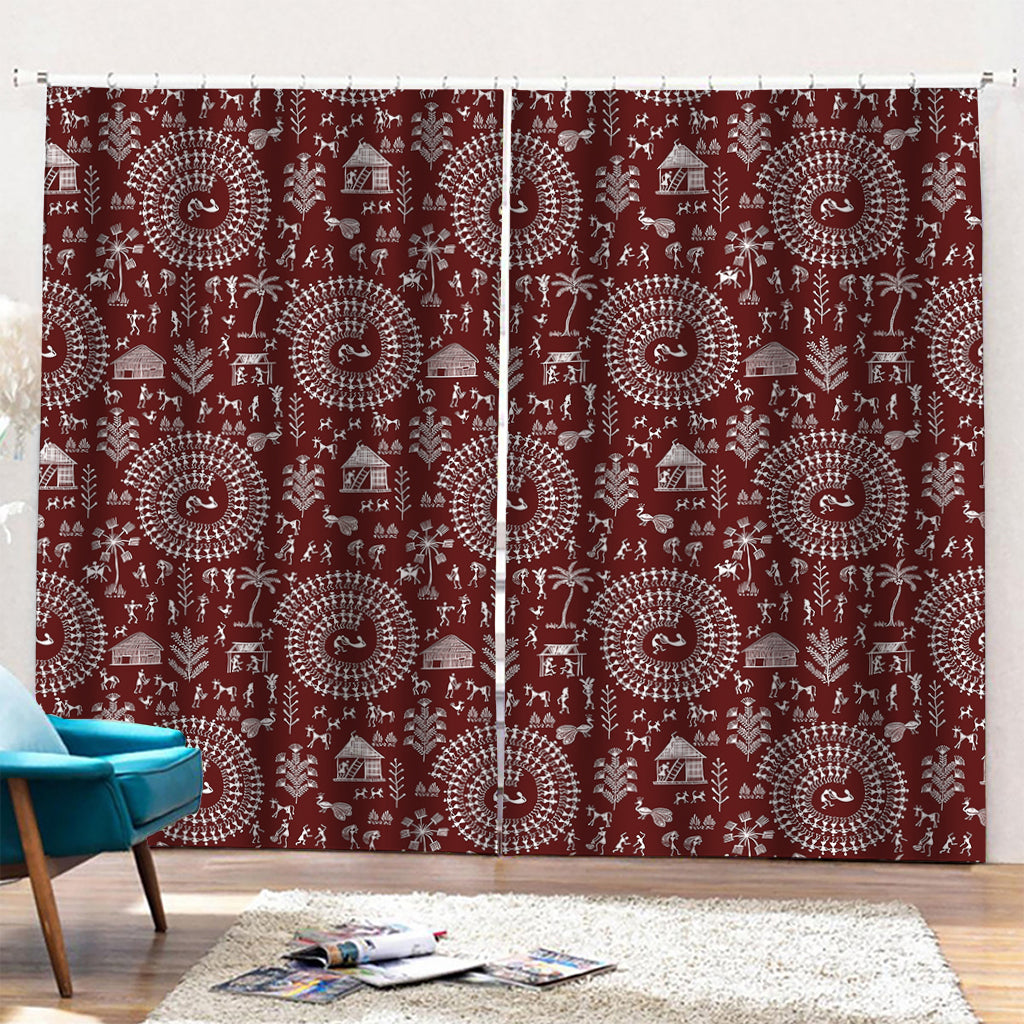 Red And White Warli Tribal Print Pencil Pleat Curtains