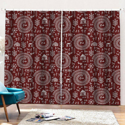 Red And White Warli Tribal Print Pencil Pleat Curtains