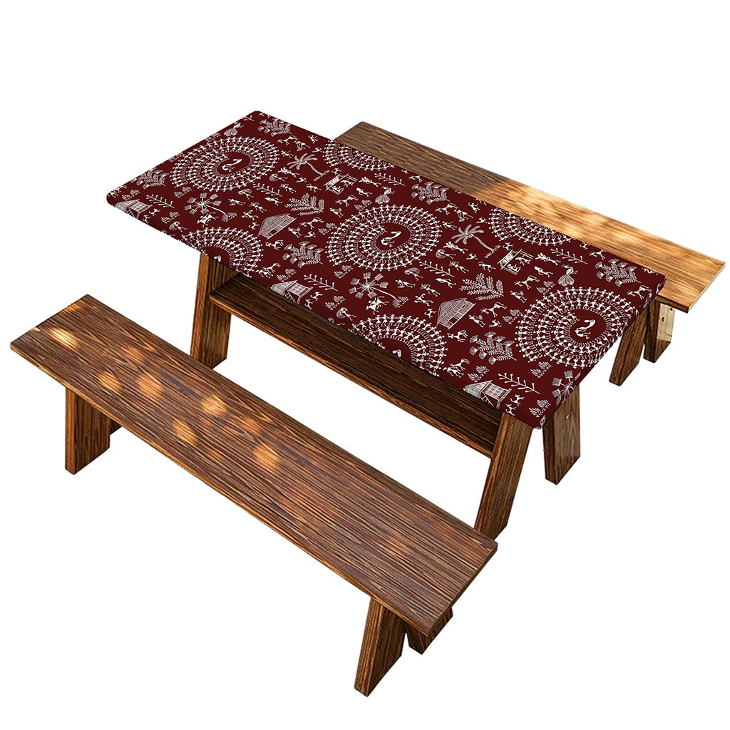 Red And White Warli Tribal Print Picnic Table Cover