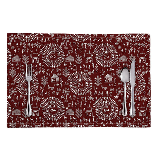 Red And White Warli Tribal Print Placemat