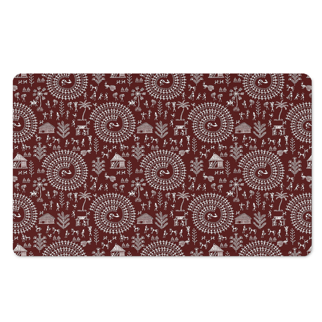 Red And White Warli Tribal Print Polyester Doormat