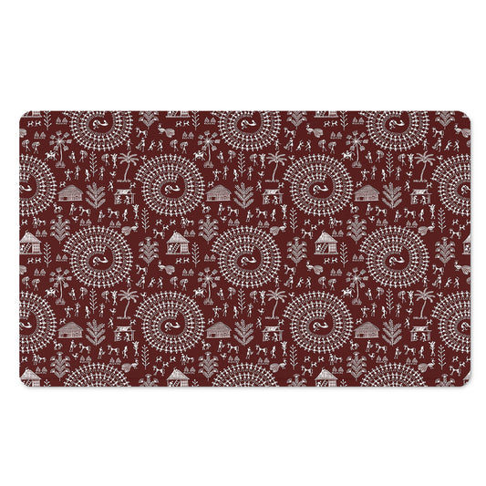 Red And White Warli Tribal Print Polyester Doormat