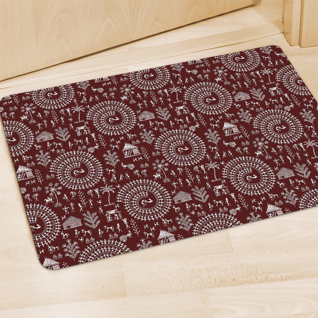 Red And White Warli Tribal Print Polyester Doormat