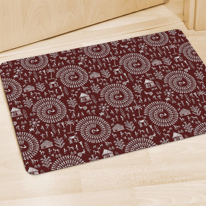 Red And White Warli Tribal Print Polyester Doormat