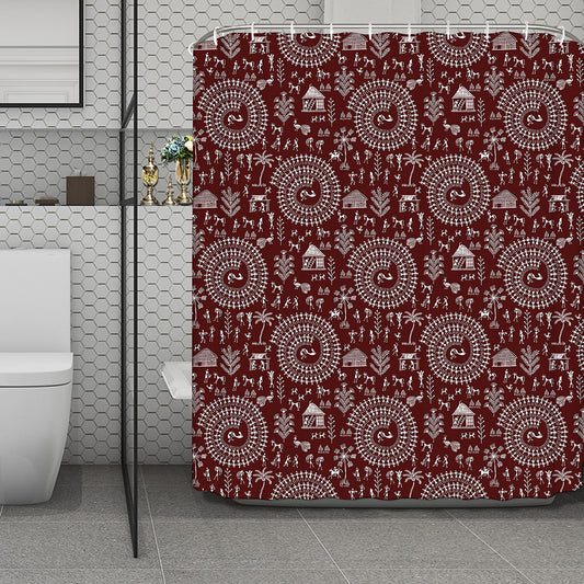 Red And White Warli Tribal Print Polyester Shower Curtain