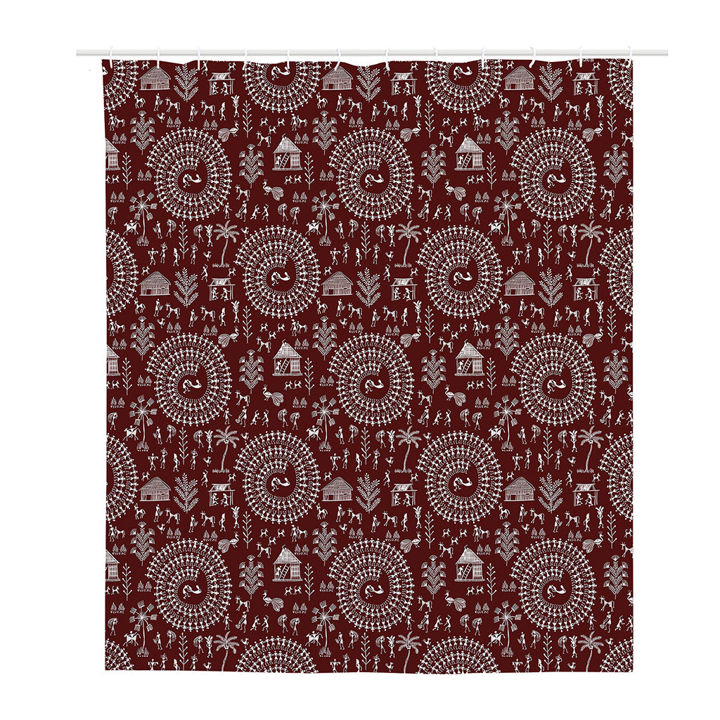 Red And White Warli Tribal Print Polyester Shower Curtain