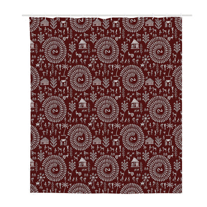 Red And White Warli Tribal Print Polyester Shower Curtain