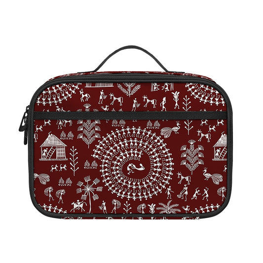Red And White Warli Tribal Print Portable Lunch Bag