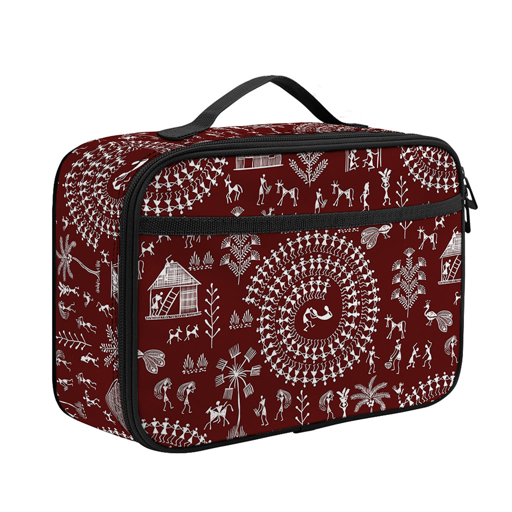 Red And White Warli Tribal Print Portable Lunch Bag