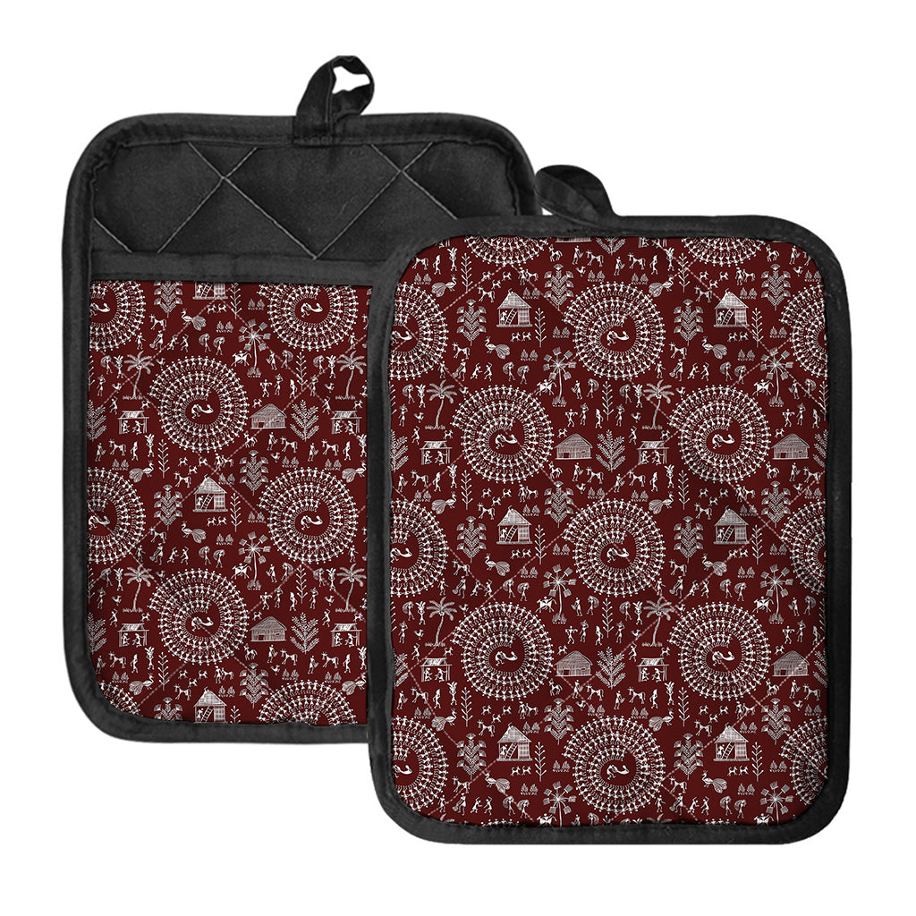 Red And White Warli Tribal Print Pot Holders With Pocket
