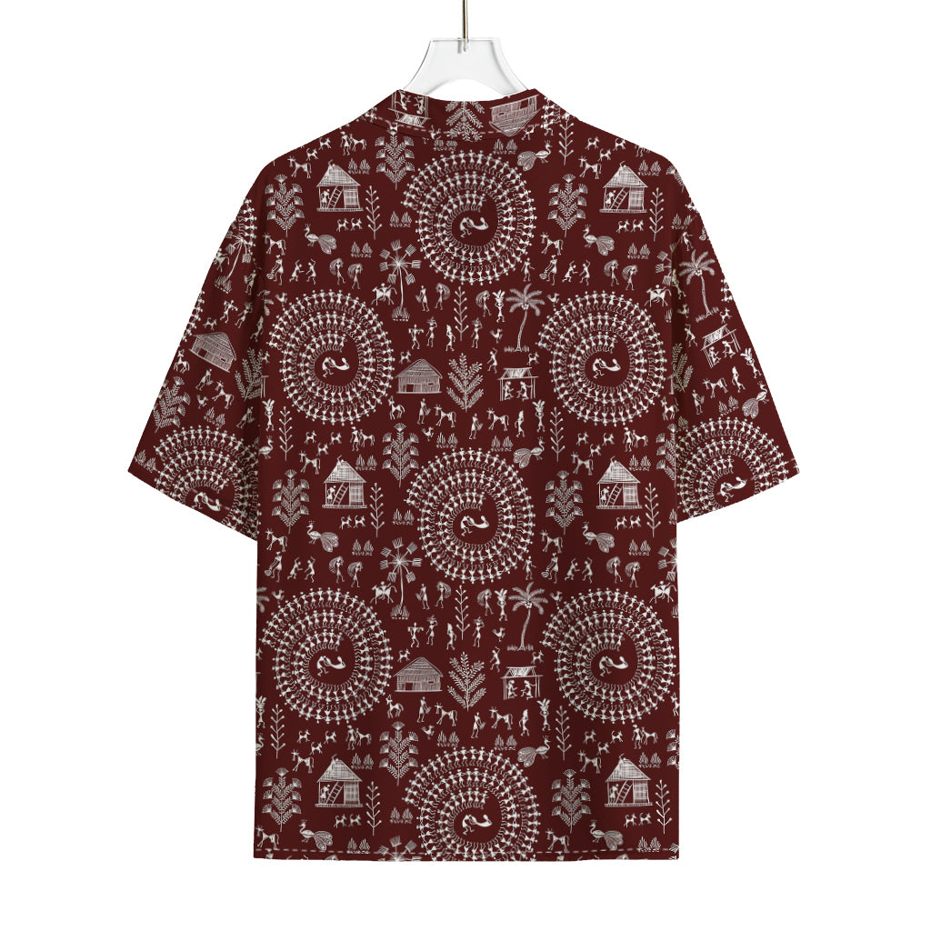 Red And White Warli Tribal Print Rayon Hawaiian Shirt