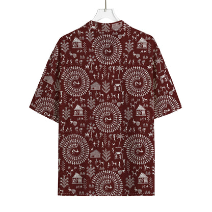 Red And White Warli Tribal Print Rayon Hawaiian Shirt