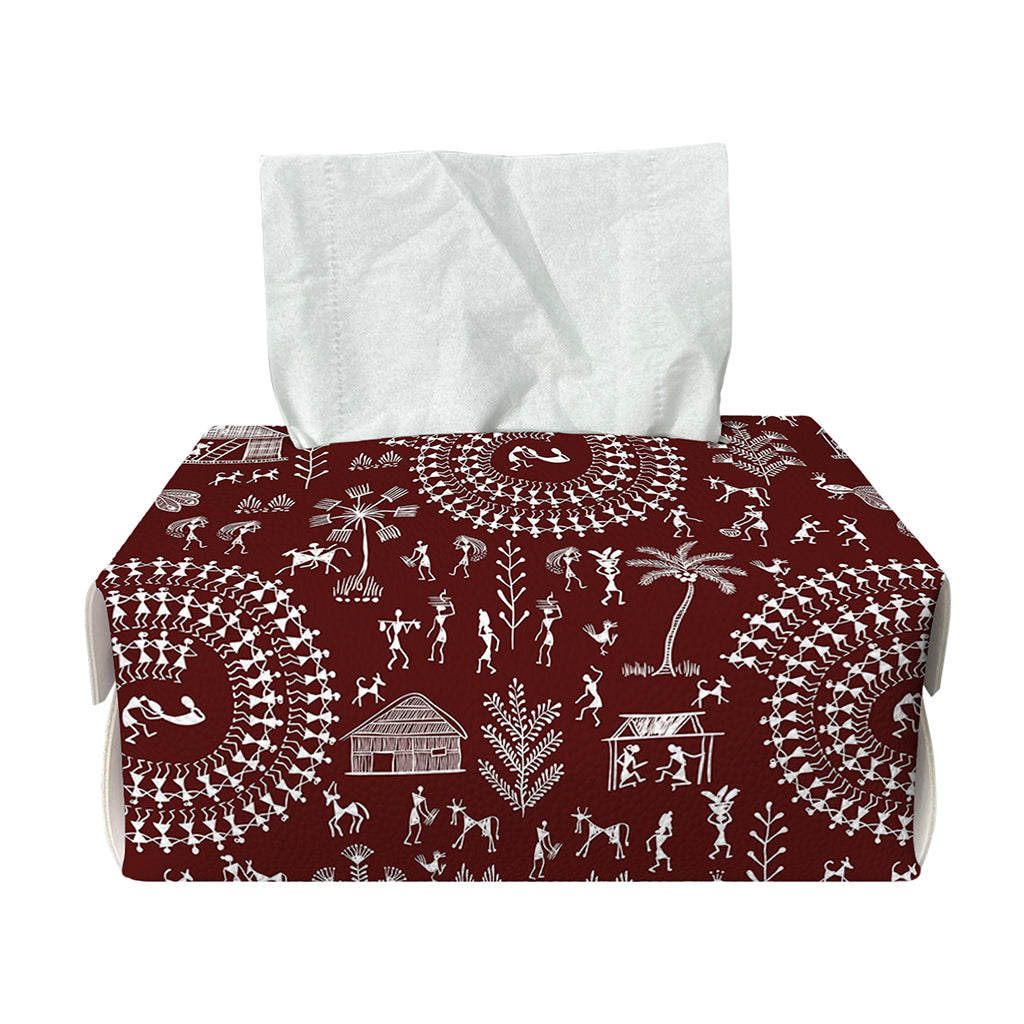 Red And White Warli Tribal Print Rectangle Tissue Box Cover