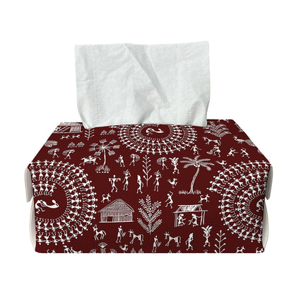 Red And White Warli Tribal Print Rectangle Tissue Box Cover