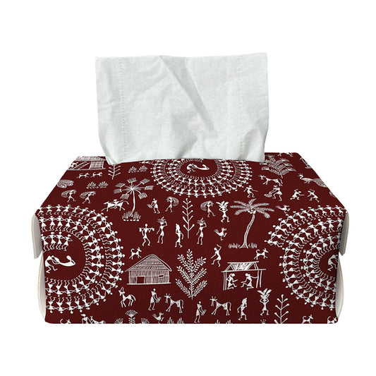 Red And White Warli Tribal Print Rectangle Tissue Box Cover