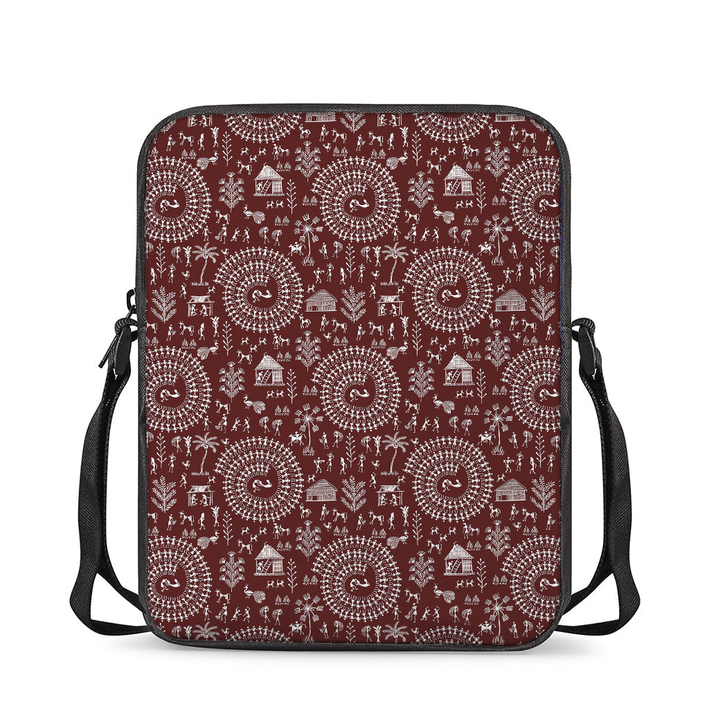 Red And White Warli Tribal Print Rectangular Crossbody Bag