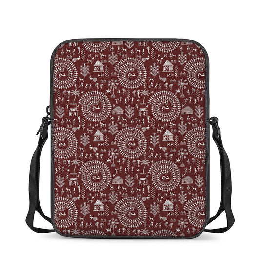 Red And White Warli Tribal Print Rectangular Crossbody Bag
