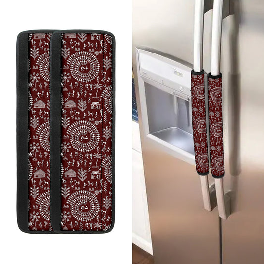 Red And White Warli Tribal Print Refrigerator Handle Covers