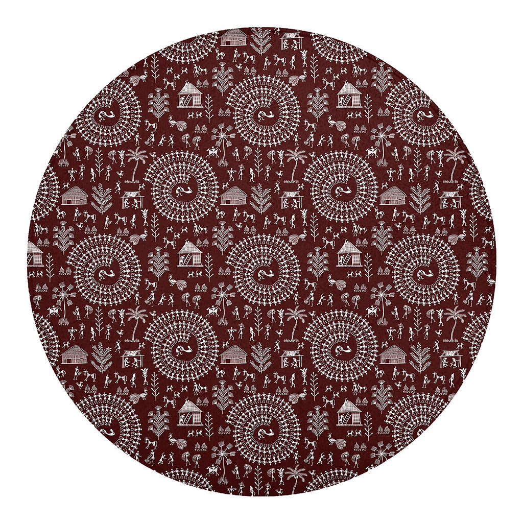 Red And White Warli Tribal Print Round Blanket
