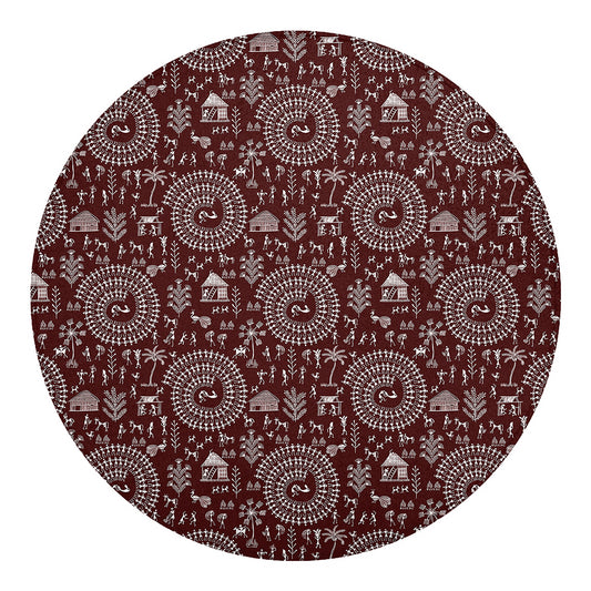 Red And White Warli Tribal Print Round Blanket