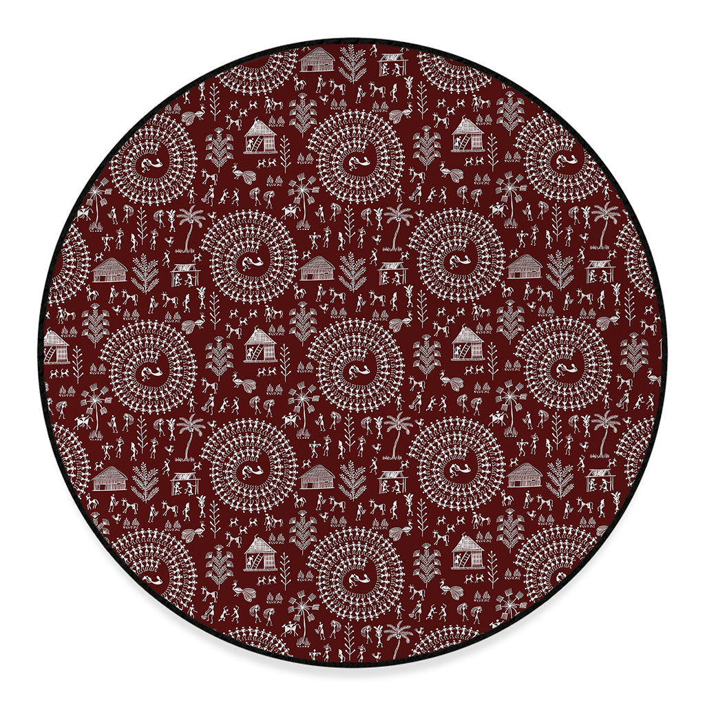 Red And White Warli Tribal Print Round Floor Mat